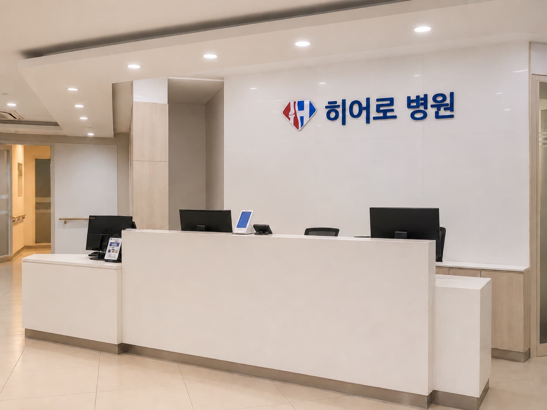히어로병원 1층 접수 데스크와 로고벽